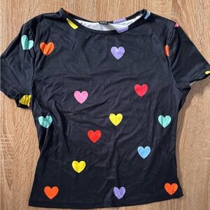 Colorful Heart Print Black T-Shirt